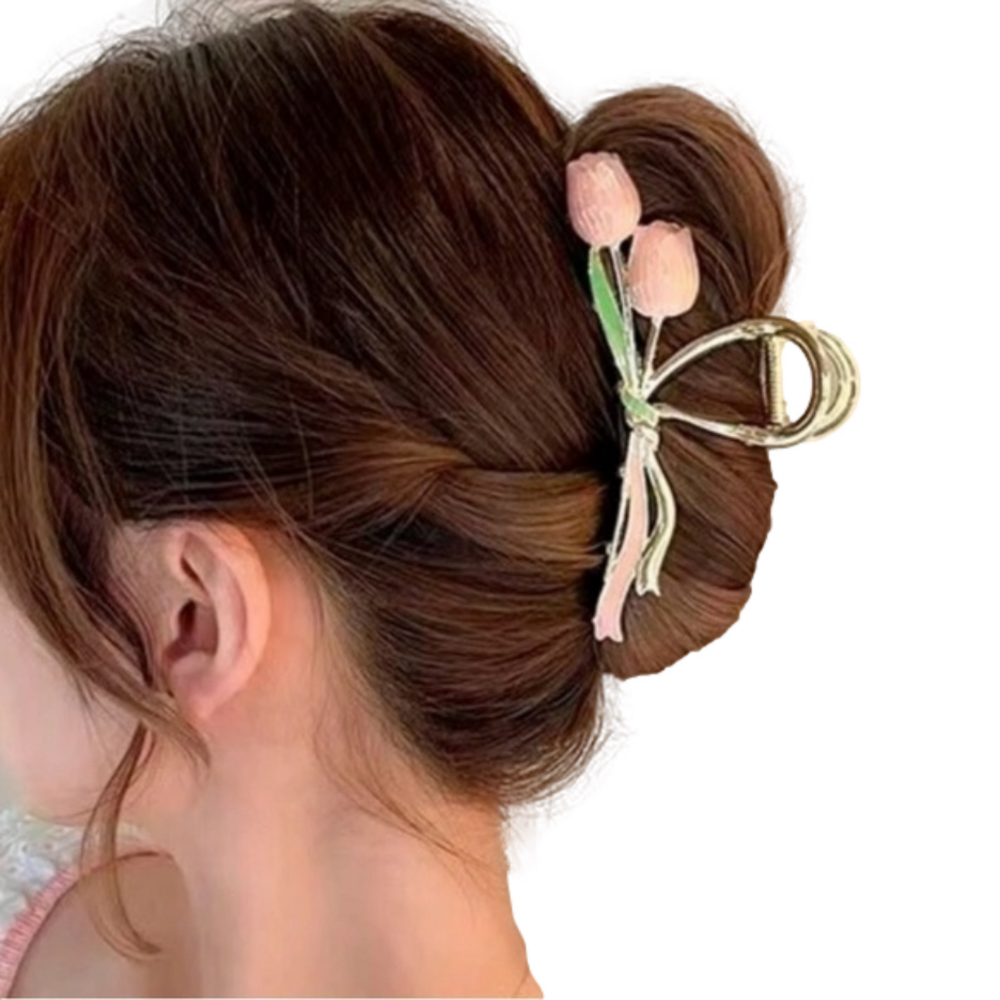 $20 (2 for $30) Metal Hair Claw Clip With Painted Pink Tulip Flowers Crab Clip